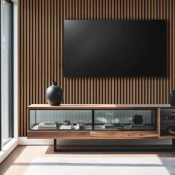 Panneau tasseaux bois 250 x 30 x 1cm - Lamelles chêne doré véritable fond noir - 0,75m²-Decoon Best