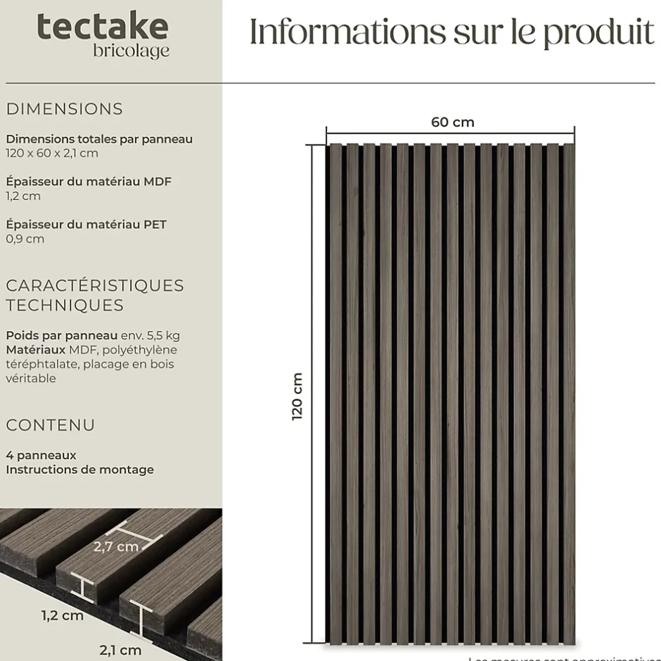 Tectake Panneaux acoustiques modernes aspect bois en MDF 120 x 60 x 2,1 cm