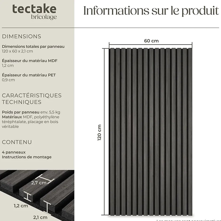 Tectake Panneaux acoustiques modernes aspect bois en MDF 120 x 60 x 2,1 cm