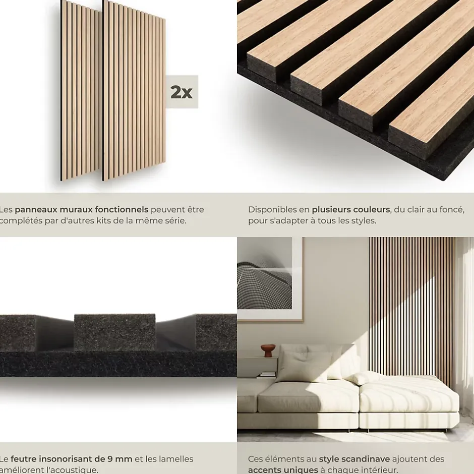 Panneaux acoustiques modernes aspect bois en MDF 120 x 60 x 2,1 cm-Tectake