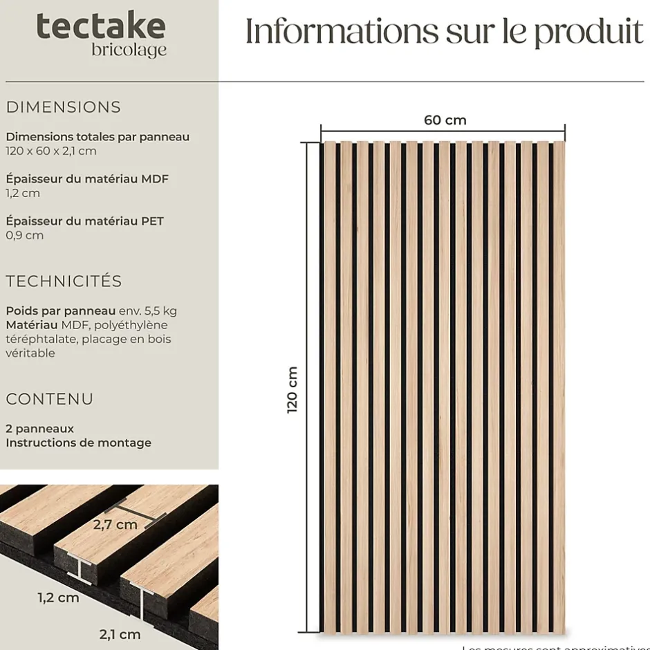 Panneaux acoustiques modernes aspect bois en MDF 120 x 60 x 2,1 cm-Tectake