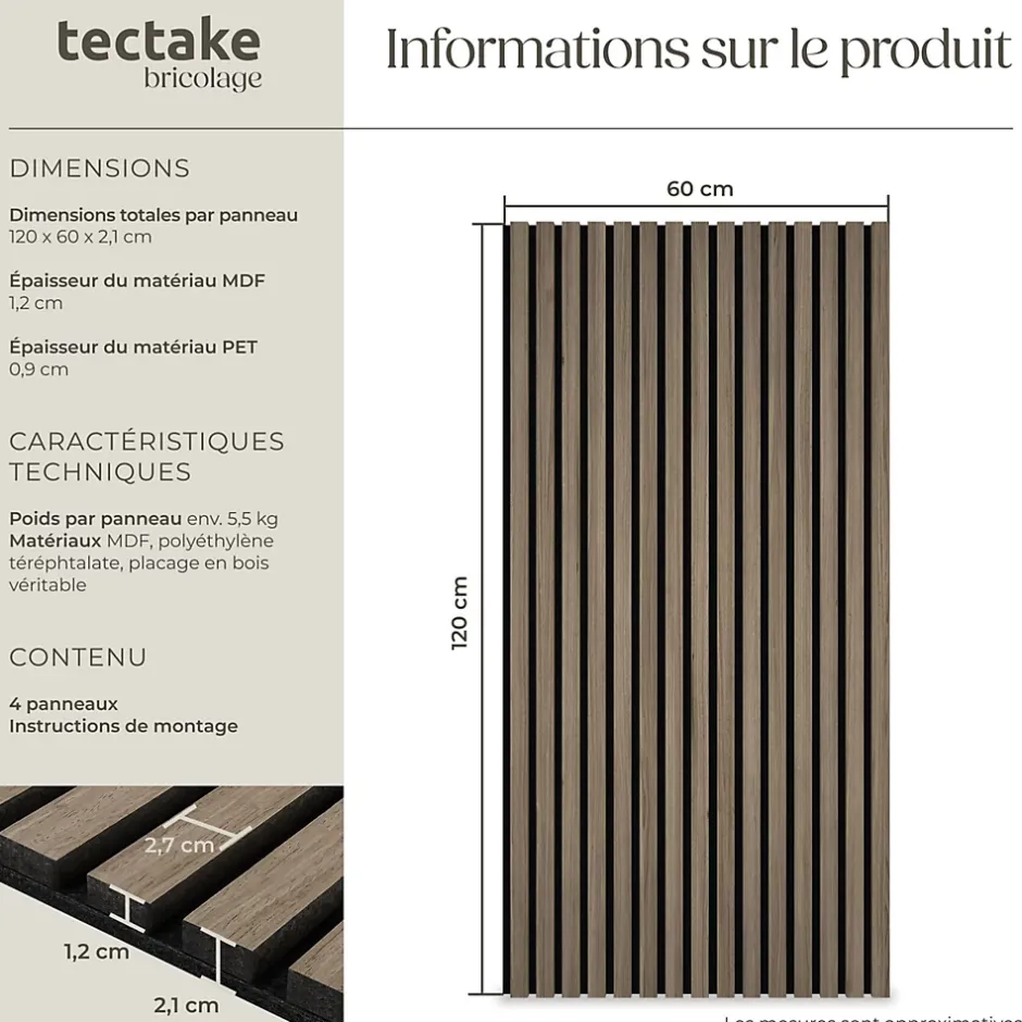 Tectake Panneaux acoustiques modernes aspect bois en MDF 120 x 60 x 2,1 cm