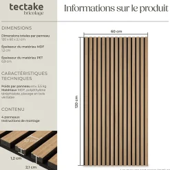 Panneaux acoustiques modernes aspect bois en MDF 120 x 60 x 2,1 cm-Tectake Discount
