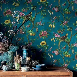 Papier peint Bloom vinyle intissé oiseau paradis bleu pétrole-Lutèce Sale