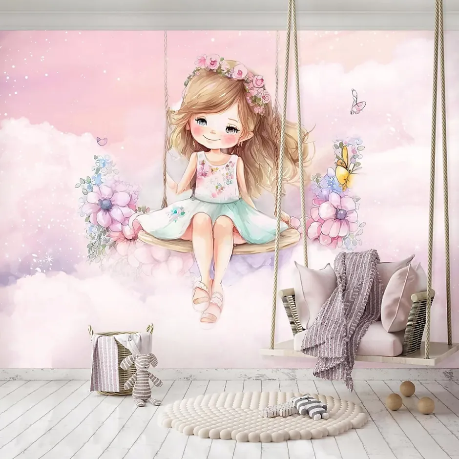 Papier Peint Enfant Ballerine Nuages Rose Intissé Panoramique 350x250 cm - Colle Inclus - Chambre Enfant - Moderne Papier Peint-Wallarena Clearance