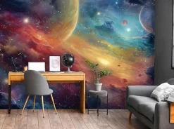 Wallarena Papier Peint Enfant Cosmos Planètes Intissé Panoramique 400x280 cm - Colle Inclus - Chambre Enfant - Moderne Papier Peint