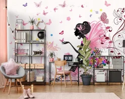 Wallarena Papier Peint Enfant Fée Papillons Rose Intissé Panoramique 350x250 cm - Colle Inclus - Chambre Enfant - Moderne Papier Peint