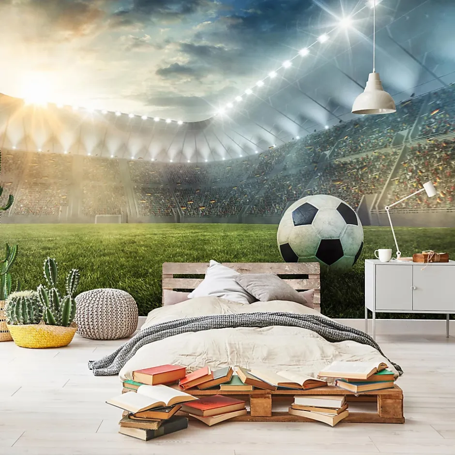 Wallarena Papier Peint Enfant Football Stade Intissé Panoramique 350x250 cm - Colle Inclus - Chambre Enfant - Moderne Trompe l'oeil