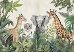 Papier Peint Enfant Intissé Panoramique Pour Enfant Chhambre Jungle Animaux 250x175-Wallarena