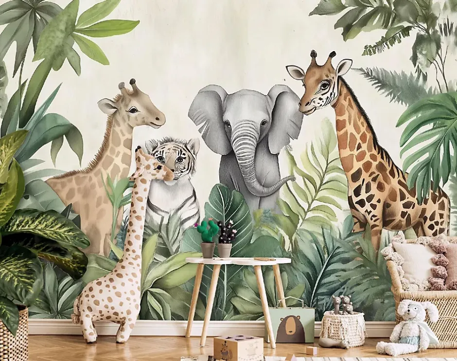 Papier Peint Enfant Intissé Panoramique Pour Enfant Chhambre Jungle Animaux 250x175-Wallarena