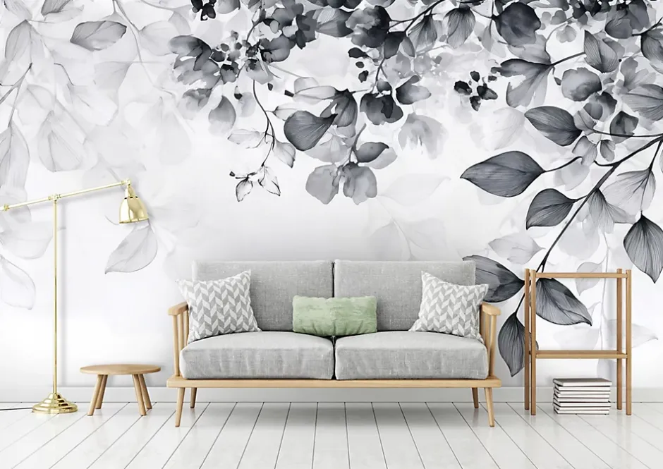 Papier Peint Feuilles Noir et blanc Intissé Panoramique Pour Chambre Cuisine 350x250 cm-Wallarena Clearance