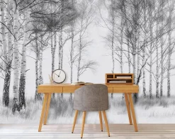 Papier Peint Forêt Arbres Noir et blanc Intissé Panoramique Pour Chambre Cuisine 300x210 cm-Wallarena Online