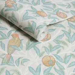 Papier peint intissé Bird & pomegranate duck egg imprimé fleurs vert L.1000 x l.52cm-William Morris