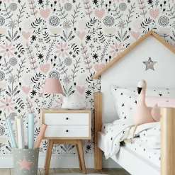 Papier Peint Intissé COEURS Brindilles Fleurs Feuilles Colorées Pour Chambre D'Enfant-Muralo Hot