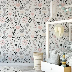 Papier Peint Intissé COEURS Brindilles Fleurs Feuilles Colorées Pour Chambre D'Enfant-Muralo Hot