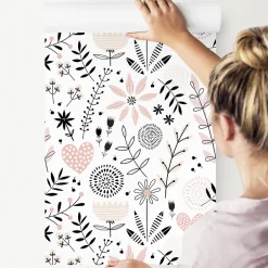 Papier Peint Intissé COEURS Brindilles Fleurs Feuilles Colorées Pour Chambre D'Enfant-Muralo Hot