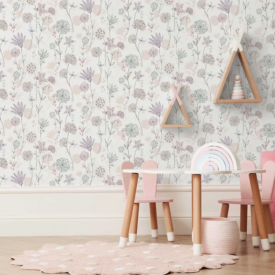 Papier peint intissé fleuri Lavinia rose pastel L.1005 x l.53cm-Lutèce