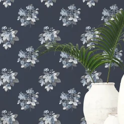 Papier peint intissé Jardin Secret mat et satiné fleurs bleu, bleu nuit l.1000 x l.53 cm-Lutece New