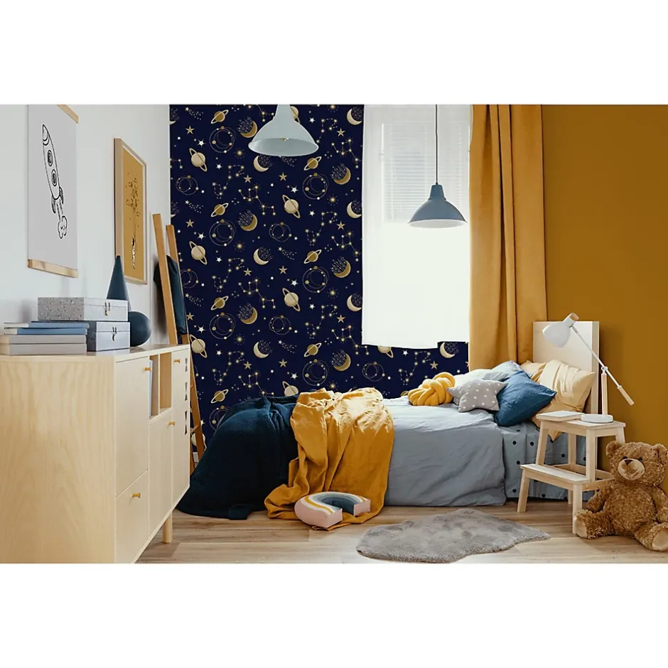 Lutèce Papier peint intissé Les aventures astre doré, bleu marine L.1005 x l.53cm