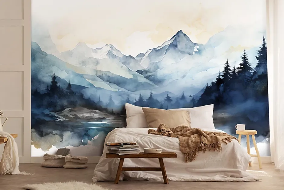 Wallarena Papier Peint Intissé Panoramique Montagnes Aquarelle 300x210 cm - Colle Inclus - Chambre et Salon - Bleu Blanc