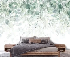 Papier Peint Intissé Panoramique Feuilles Vert 350x250 cm - Colle Inclus - Colle Inclus - Chambre et Salon - Vert Blanc Nature-Wallarena Outlet