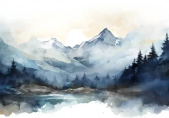 Papier Peint Intissé Panoramique Montagnes Aquarelle 350x250 cm - Colle Inclus - Chambre et Salon - Bleu Blanc-Wallarena