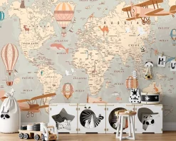 Wallarena Papier Peint Intissé Panoramique Enfant Carte du monde 350x250 cm - Colle Inclus - Papier Peint Enfant Beige