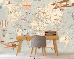 Wallarena Papier Peint Intissé Panoramique Enfant Carte du monde 350x250 cm - Colle Inclus - Papier Peint Enfant Beige