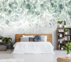 Papier Peint Intissé Panoramique Feuilles Vert 400x280 cm - Colle Inclus - Colle Inclus - Chambre et Salon - Vert Blanc Nature-Wallarena Sale