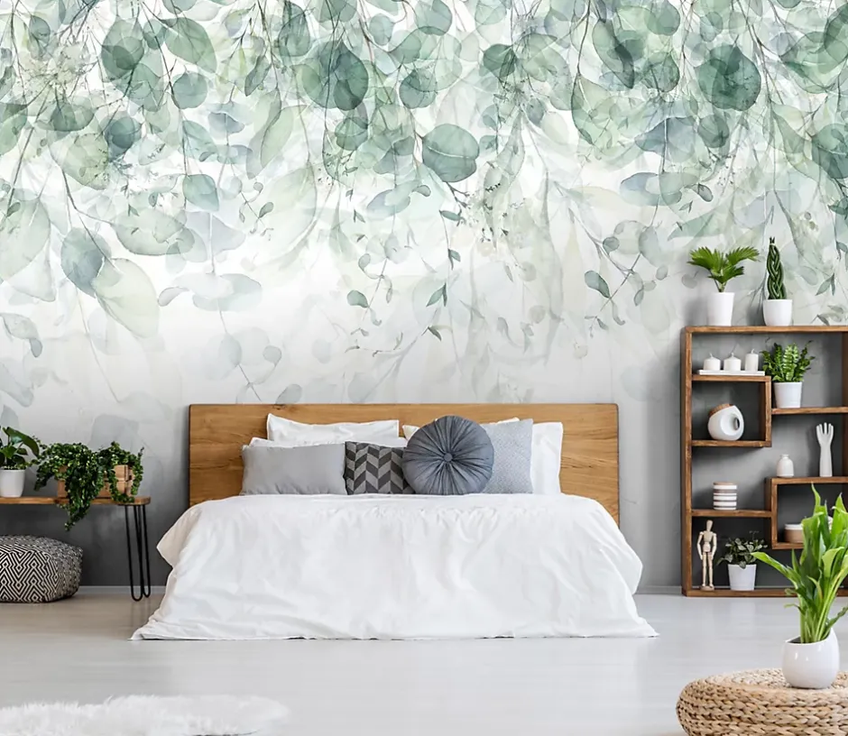 Papier Peint Intissé Panoramique Feuilles Vert 400x280 cm - Colle Inclus - Colle Inclus - Chambre et Salon - Vert Blanc Nature-Wallarena Sale