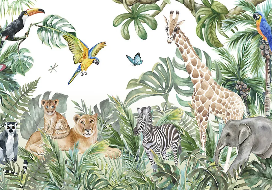 Wallarena Papier Peint Intissé Panoramique Enfants Jungle Animaux 368x254 cm - Colle Inclus - Chambre et Salon - Moderne Trompe l'oeil