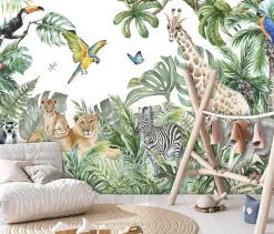 Wallarena Papier Peint Intissé Panoramique Enfants Jungle Animaux 368x254 cm - Colle Inclus - Chambre et Salon - Moderne Trompe l'oeil
