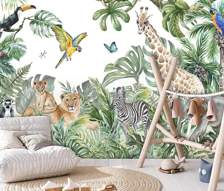 Wallarena Papier Peint Intissé Panoramique Enfants Jungle Animaux 368x254 cm - Colle Inclus - Chambre et Salon - Moderne Trompe l'oeil