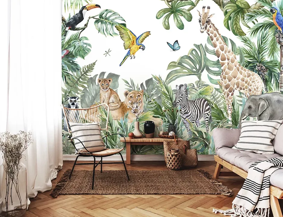 Wallarena Papier Peint Intissé Panoramique Enfants Jungle Animaux 368x254 cm - Colle Inclus - Chambre et Salon - Moderne Trompe l'oeil