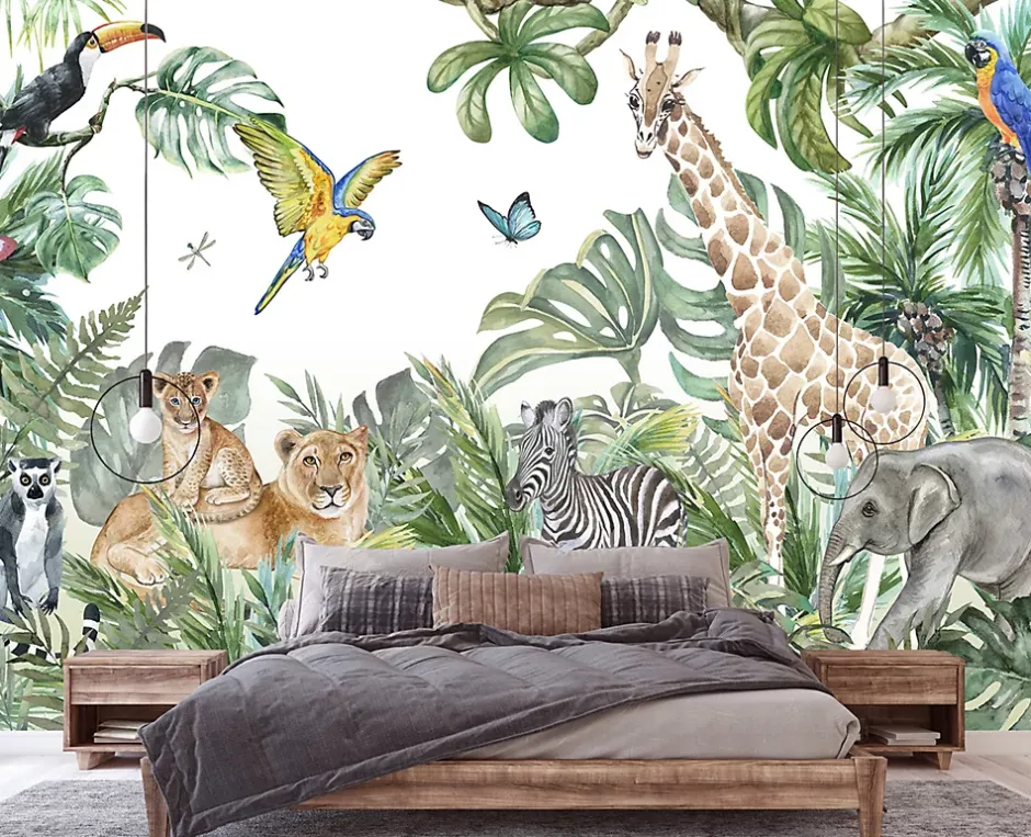 Wallarena Papier Peint Intissé Panoramique Enfants Jungle Animaux 368x254 cm - Colle Inclus - Chambre et Salon - Moderne Trompe l'oeil