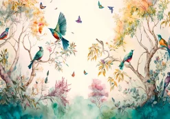 Wallarena Papier Peint Intissé Panoramique Forêt Peint Oiseaux Art 400x280 cm - Colle Inclus - Chambre et Salon - Moderne Trompe l'oeil