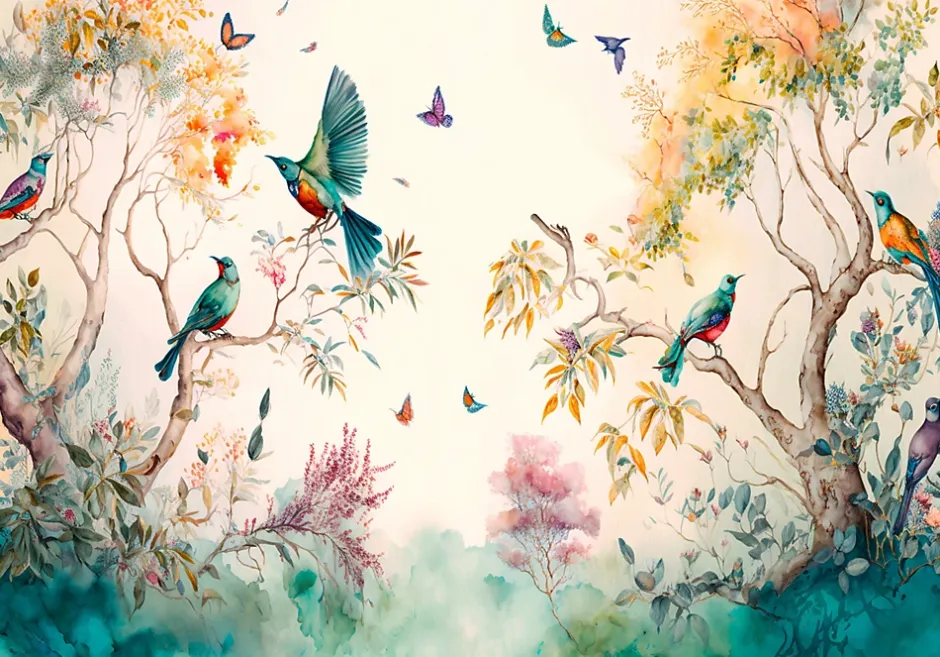 Wallarena Papier Peint Intissé Panoramique Forêt Peint Oiseaux Art 400x280 cm - Colle Inclus - Chambre et Salon - Moderne Trompe l'oeil