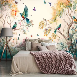 Wallarena Papier Peint Intissé Panoramique Forêt Peint Oiseaux Art 400x280 cm - Colle Inclus - Chambre et Salon - Moderne Trompe l'oeil