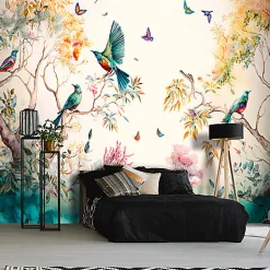 Wallarena Papier Peint Intissé Panoramique Forêt Peint Oiseaux Art 400x280 cm - Colle Inclus - Chambre et Salon - Moderne Trompe l'oeil