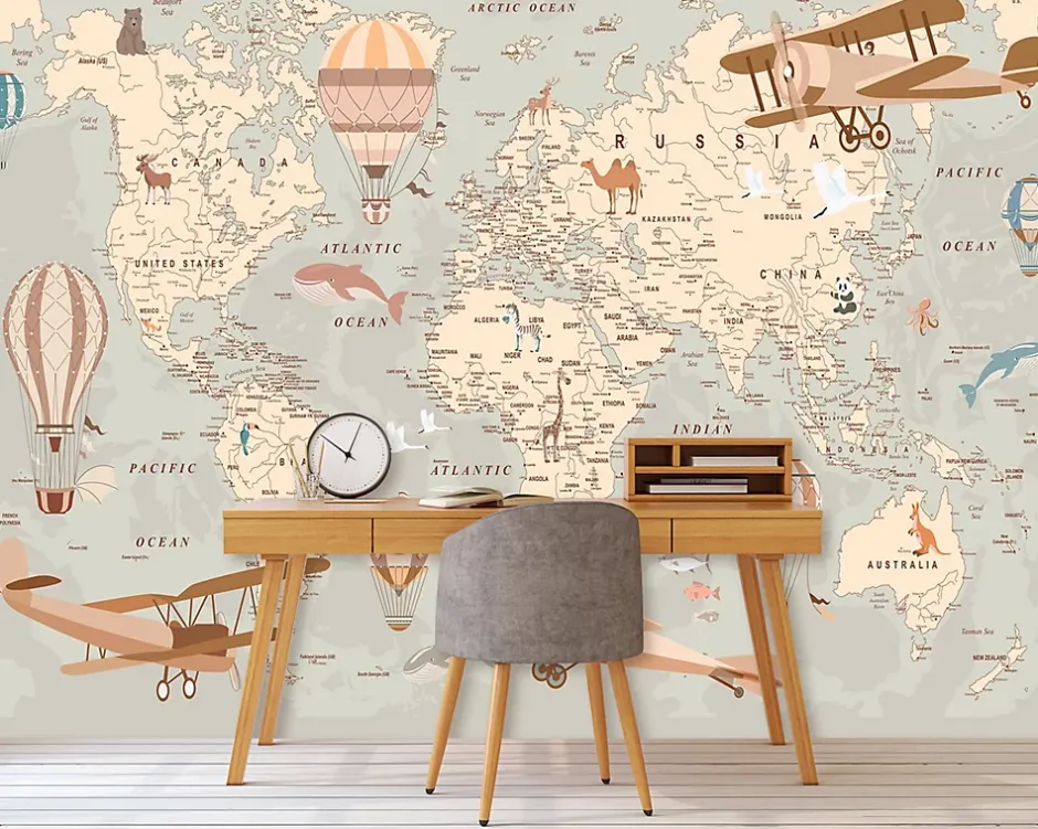 Wallarena Papier Peint Intissé Panoramique Enfant Carte du monde 300x210 cm - Colle Inclus - Papier Peint Enfant Beige