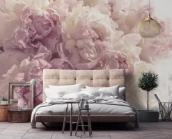 Papier Peint Intissé Panoramique Fleurs Pivoines Rose 400x280 cm - Colle Inclus - Chambre et Salon - Moderne Trompe l'oeil-Wallarena