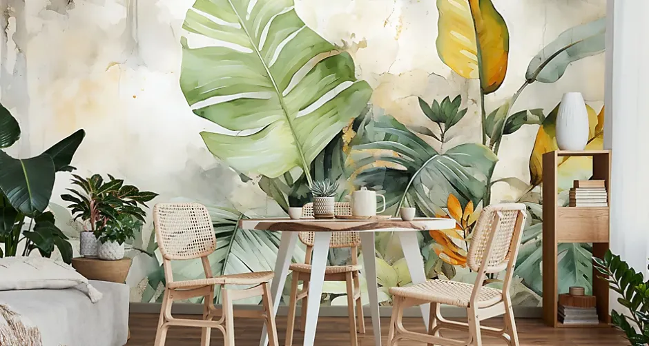 Muralo Papier Peint Intissé Photo Pour Chambre FEUILLES Plantes Aquarelle 360cm x 240cm