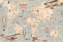 Papier Peint Intissé Photo Pour Enfant CARTE DU MONDE Animaux Avions Ballons Rétro 360cm x 240cm-Muralo Online