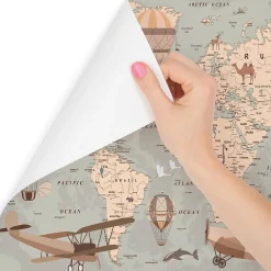 Papier Peint Intissé Photo Pour Enfant CARTE DU MONDE Animaux Avions Ballons Rétro 360cm x 240cm-Muralo Online