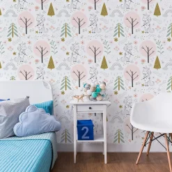 Muralo Papier Peint Intissé Pour Chambre D'Enfant LICORNES Animaux Arbres Feuilles