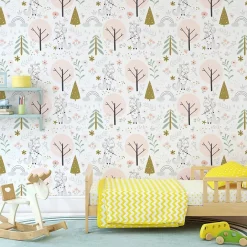 Muralo Papier Peint Intissé Pour Chambre D'Enfant LICORNES Animaux Arbres Feuilles