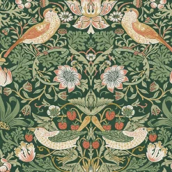 Papier peint intissé Strawberry thief imprimé fleurs, oiseaux vert L.1000 x l.52cm-William Morris Sale