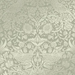 William Morris Papier peint intissé Strawberry thief imprimé fleurs, oiseaux effet métalisé vert sauge L.1000 x l.52cm