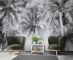 Papier Peint Noir et blanc Palmiers Panoramique Intissé 300x210 cm - Colle Inclus - Moderne XXL Papier Peint por Chambre Salon-Wallarena Hot