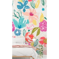 GoodHome Papier peint panoramique intissé Cyan fleurs multicouleurs L.280 x l.159 cm